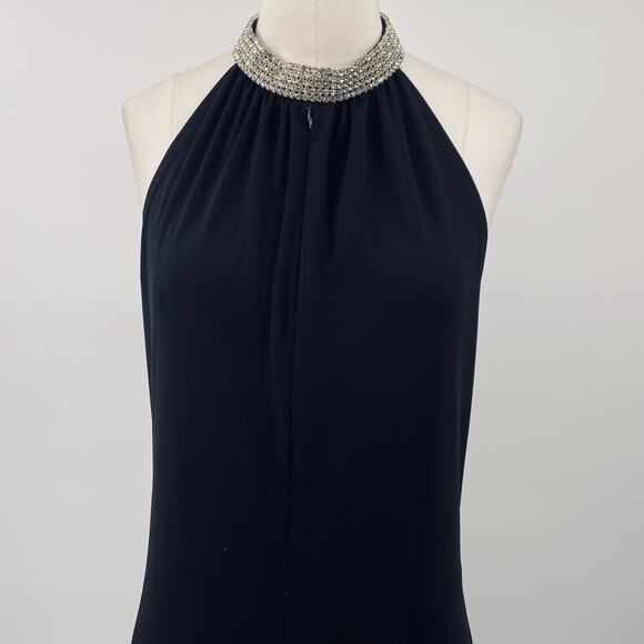 Vintage 90s Jumpsuit Embellished Rhinestone Choker Keyhole Neck Flared Leg Black - Picture 6 of 12